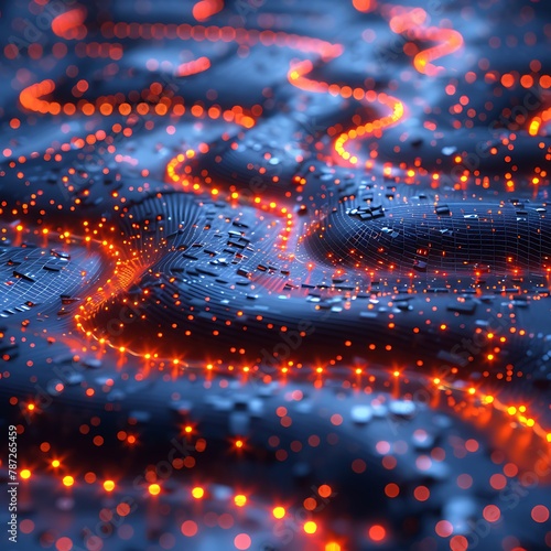 A stylized representation of a circuit board, with data flowing like a river of light through its patterns. 