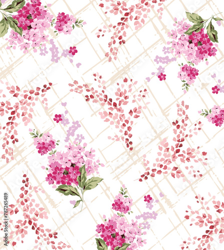 Watercolor panicle bunch flowers and leaves on grungy cross grids