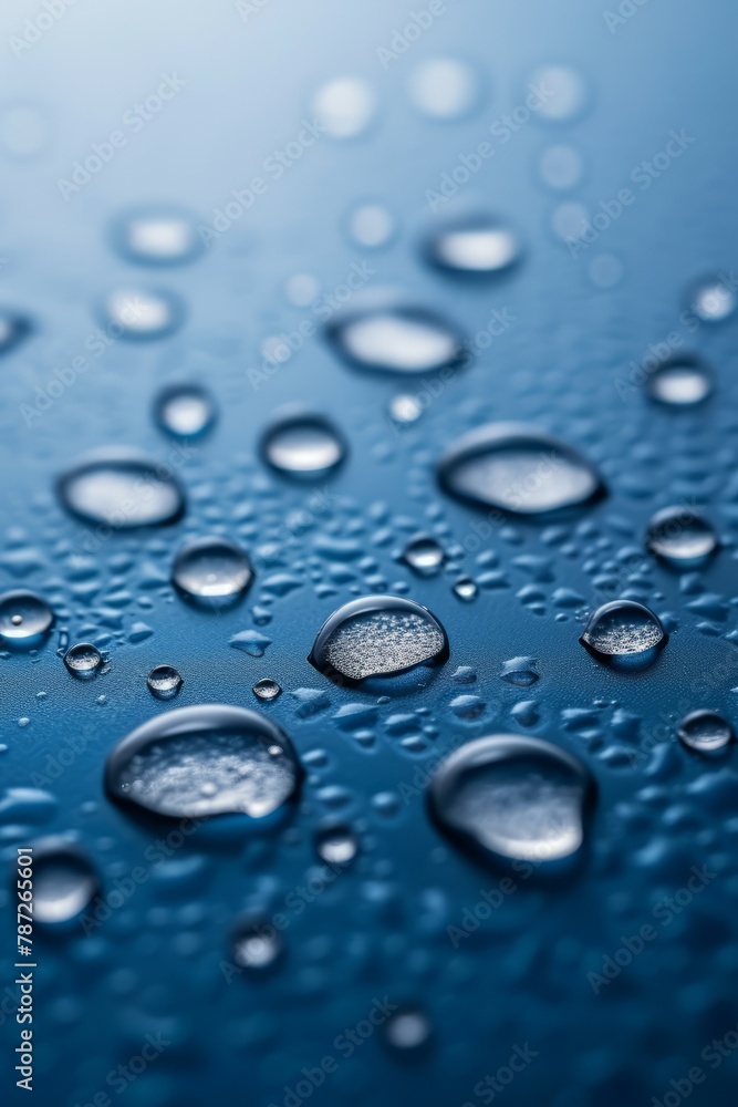 Close-up of water droplets on a blue surface Close-up of water droplets on a blue surface