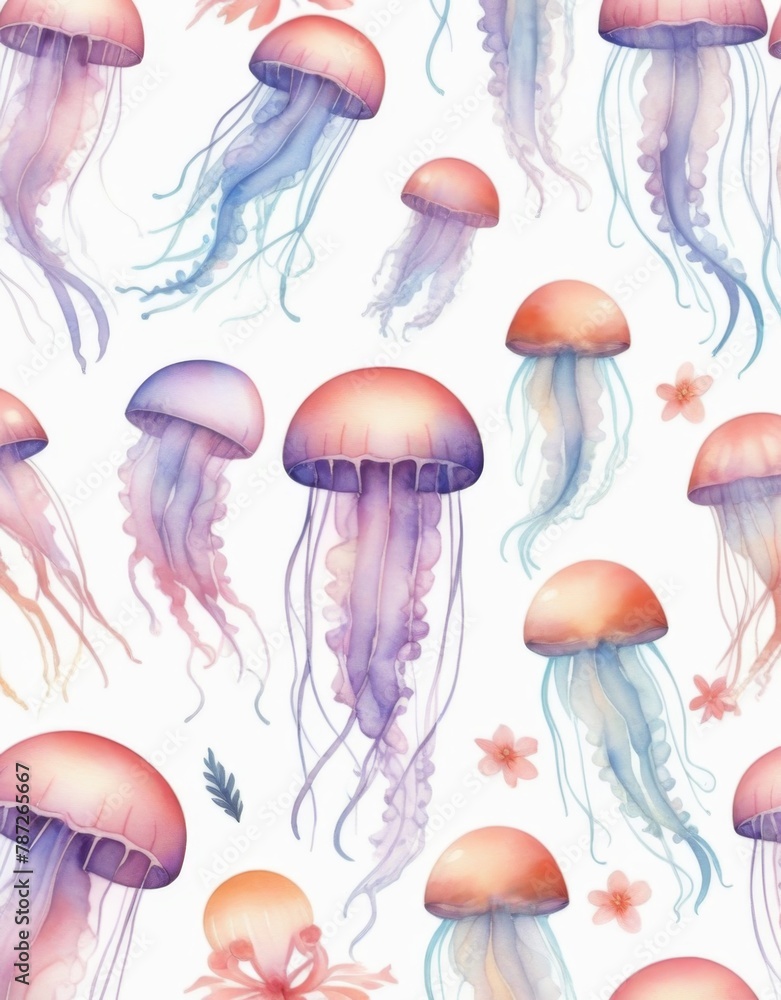 Fototapeta premium Deep Ocean Glow: A mesmerizing scene of jellyfish swimming in the dark blue depths, their glowing orange tentacles illuminating the underwater world