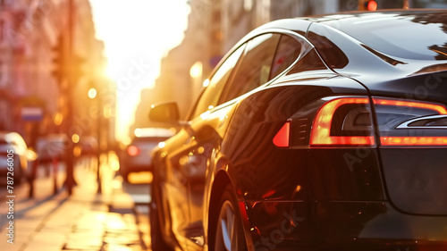The warm glow of a setting sun reflects off the sleek surface of a car on a bustling city street. 