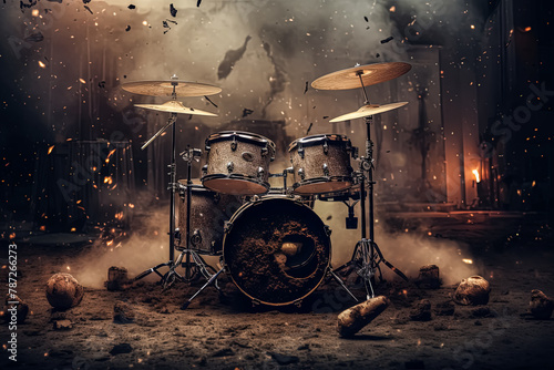 A drum set is shown with a lot of debris around it.