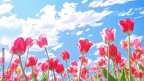 A field of red and pink tulips reaches towards a bright blue sky scattered with fluffy white clouds. © nextzimost