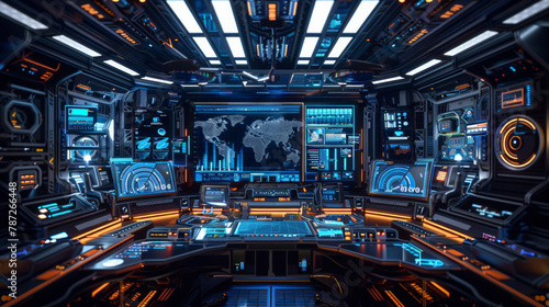 A futuristic space station with a large monitor displaying a map of the world