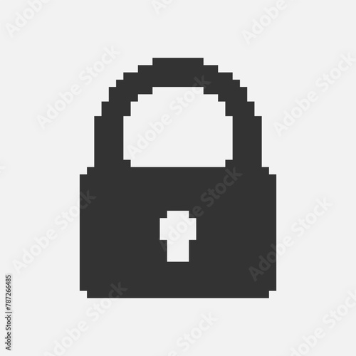 black and white simple flat 1bit vector pixel art icon of retro vintage locked padlock. privacy and access safety