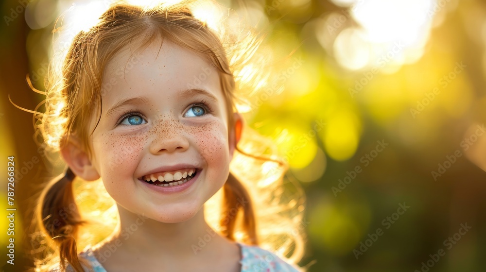 Close-up portrait of a young smiling girl with bright blue eyes and freckles, smiling in the sunlight. The concept of childhood, carefree, dreams, lightness joy illuminated by sunbeams. Close-up portrait of a young smiling girl with bright blue eyes and freckles, smiling in the sunlight. The concept of childhood, carefree, dreams, lightness joy illuminated by sunbeams.
