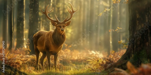 A captivating photo of a deer with impressive antlers standing amidst the trees, bathed in golden sunlight © gunzexx png and bg