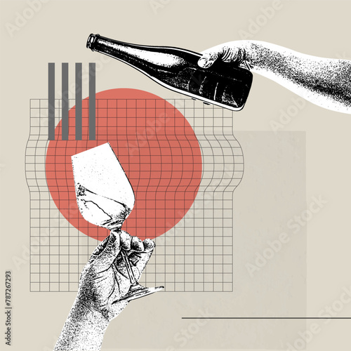 Vector illustration. Contemporary art collage. Conceptual image. Wine pouring into glass. Degustation. Retro design. Take a break and drink wine. Concept of holiday, alcoholic drink, winery, artwork