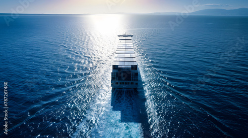 Aerial drone ultra wide photo with copy space of Large RoRo Roll onoff car cargo ship cruising the Mediterranean deep blue sea : Generative AI photo