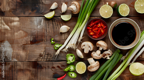 Asian cuisine ingredients with chicken food background Ginger lime chili pepper garlic soy sauce mushrooms paprika green onion on wooden kitchen table Top view copy space : Generative AI