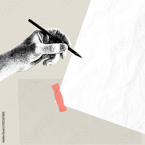 Vector illustration. Contemporary art collage. Male hand with pencil and blank paper. Creation of story. Making notes and sketches. Concept of art, creativity, imagination, fantasy expression, talent