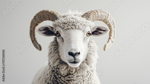 portrait of sheep with horns, photorealistic, studio light, isolated on grey background, 3d rendering, detailed, high resolution