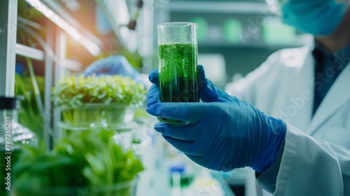 A scientist in a lab coat holding a beaker of vibrant green microalgae solution. This sustainable biofuel source is being studied and developed in laboratories around the world. .