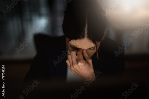 Photos Headache, woman or stress of migraine, burnout or fatigue of business, work or mental health