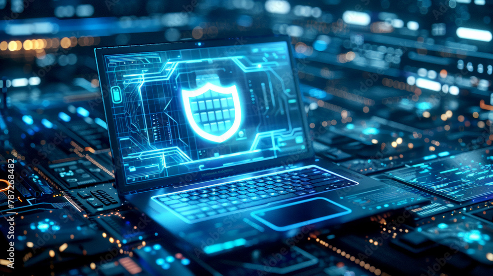 Fototapeta premium Laptop with blue shield symbol on the screen and digital security concept on dark background