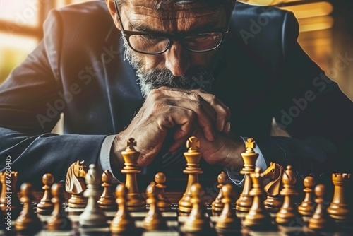 Focused business executive strategizing on chessboard with intense gaze at pieces photo