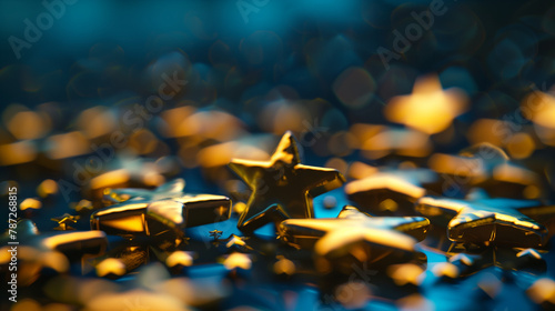 Collection of gold stars arranged neatly on top of a table. Raring concept