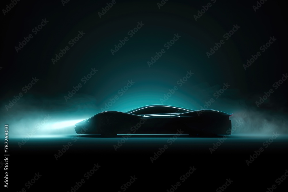 sports car with glowing lights in the fog on a dark background, design for automotive themed background poster banner, 3d render sports car with glowing lights in the fog on a dark background, design for automotive themed background poster banner, 3d render
