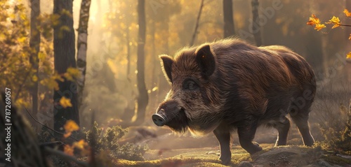 A solitary wild boar stands alert in a forest clearing, surrounded by autumn foliage and soft sunlight