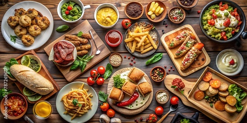 a wooden table with Composition with fresh herbs, spices and vegetables