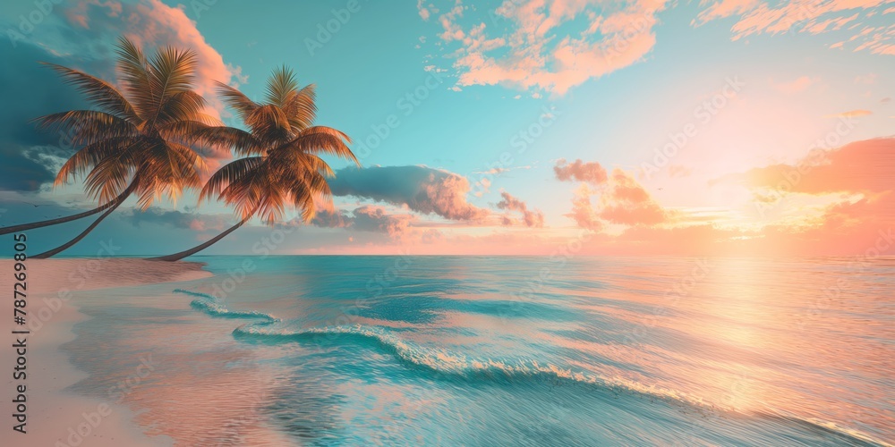 A tranquil scenery showing a serene beach with palm trees against a beautiful sunset sky, symbolizing escape and peace
