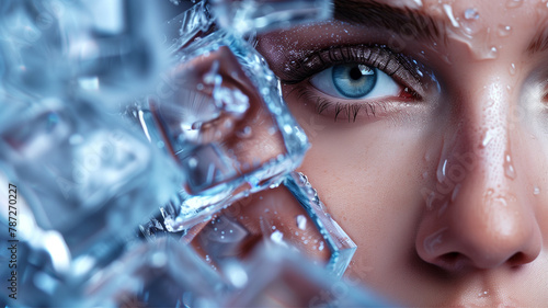 face of a young woman and beautiful eyes with ice cubes, fashion and heat, cooling in summer, ice to preserve youthful skin