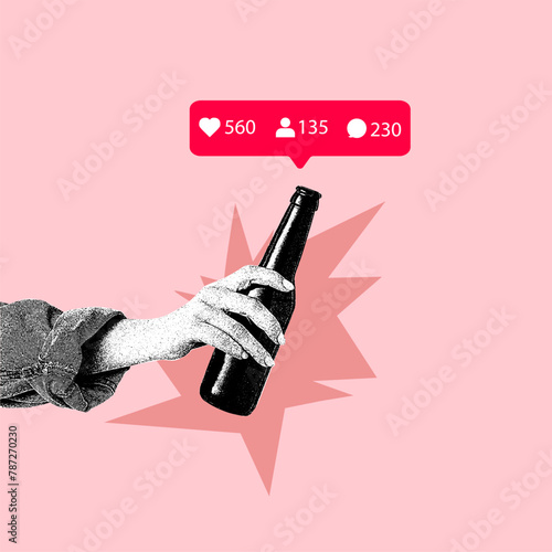 Vector illustration. Art collage. Hand holding beer bottle with social media like, follower and comment icons against pink background. Concept of social media, influence, popularity, lifestyle. Ad