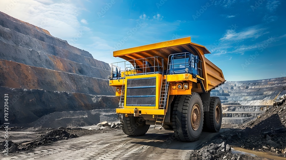 Gleaming Yellow Mining Truck Against the Vast Open Pit Mine Landscape