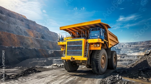 Gleaming Yellow Mining Truck Against the Vast Open Pit Mine Landscape