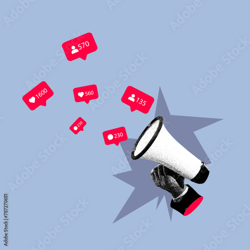 Vector illustration. Contemporary art collage. Hand with megaphone spreading social media likes against purple background. Concept of internet, social media, influence, popularity, lifestyle.