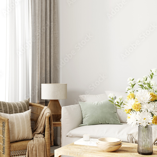 Home interior background, modern living room, blank wall, 3D render
