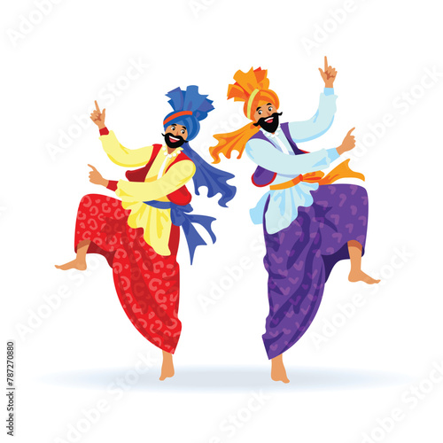 Two merry Sikh men dancing at festival, party