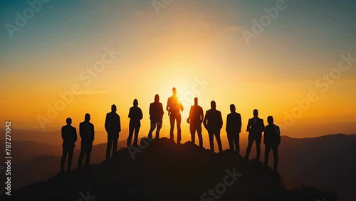 Silhouette of business team stand and feel happy on the most hight at stand on sunset, success, leader, teamwork, target, Aim, confident, achievement, goal, on plan, finish