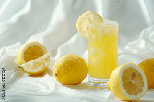 lemon juice with fresh lemons isolated on a white background, detailed photo, photography in the style of Florian