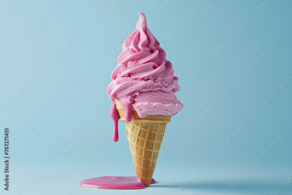 minimalism, single pink ice cream cone with melting pink ice creame on top of it, isolated on blue background, flat lay minimalism, single pink ice cream cone with melting pink ice creame on top of it, isolated on blue background, flat lay