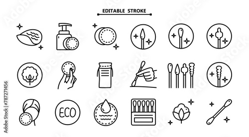 Cotton pads, ear stick in line style. Makeup, hygiene products vector illustration. Medical tools, hygiene objects. Cotton swabs, clean, medical, tool, stick free vector icons set.