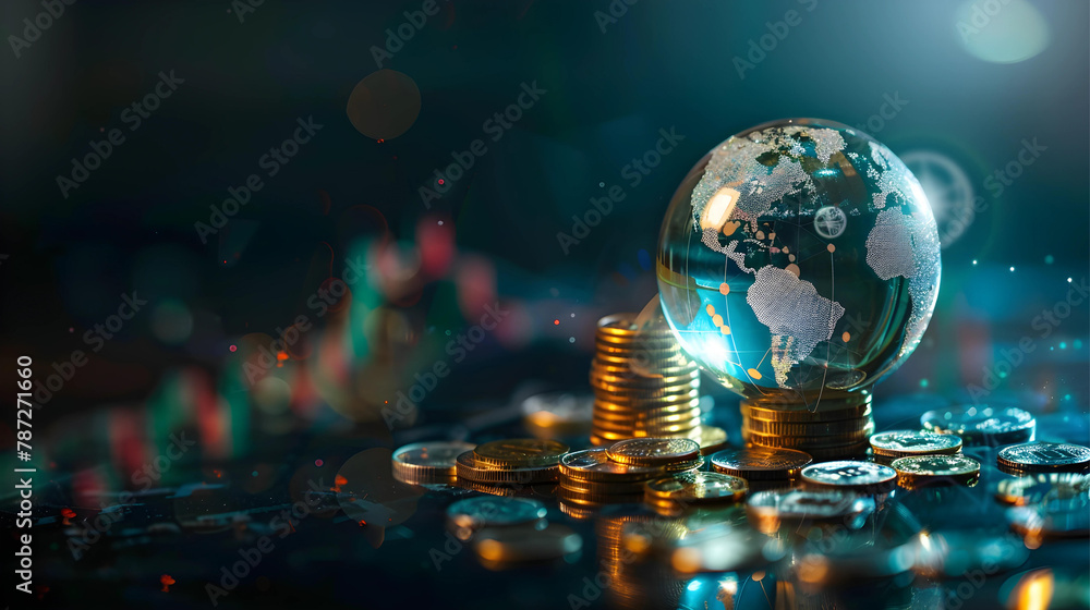 Globe and coins on dark background. Global business and finance concept. Globe and coins on dark background. Global business and finance concept.