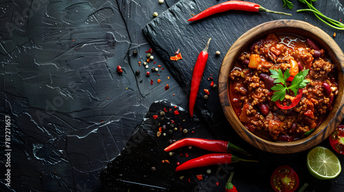 Food concept Homemade Chili con carne on wooden board and black slate stone background with copy space : Generative AI