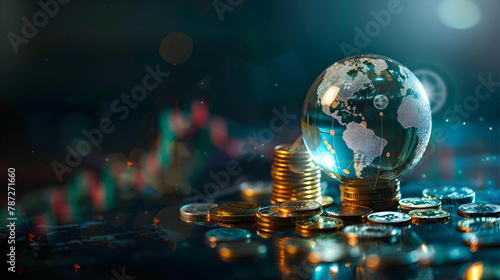 Globe and coins on dark background. Global business and finance concept.