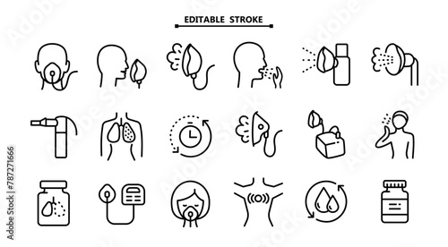 Nebulizer signs collection. Editable stroke. Medical equipment for inhalation in the diseases, asthma, bronchitis. Vector set of nebulizers of different types. Vector illustration. Healthcare symbol