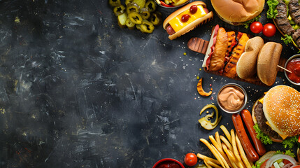 Summer BBQ food corner border with hot dog and hamburger buffet Top down view over a dark slate banner background Copy space : Generative AI