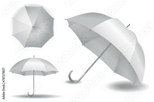 A collection of umbrellas mockups in realistic 3d design. Black and white image with a light umbrella from different angles, which is a blank for prints, on a white background. Vector illustration.