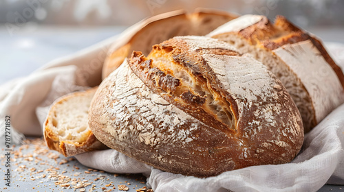 Homemade white and wholemeal sourdough bread for sustainable and eco friendly living minimal lifestyle setting in the kitchen ready for eating shot in macro : Generative AI