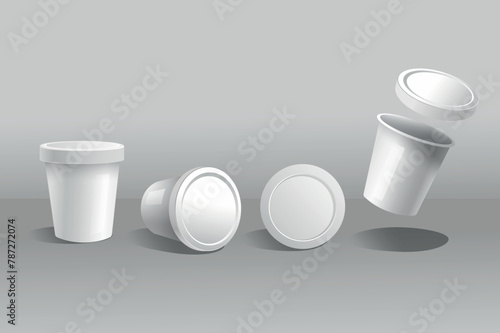 A collection of plastic containers for food mockups in realistic 3d design. Black and white image with a white cylindrical container for storing noodles, yogurt, sour cream. Vector illustration.