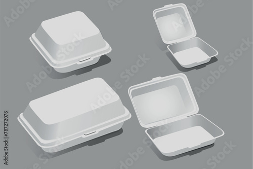 A collection of plastic containers for food mockups in realistic 3d design. Black and white image of square and rectangular plastic food storage containers on a gray background. Vector illustration.