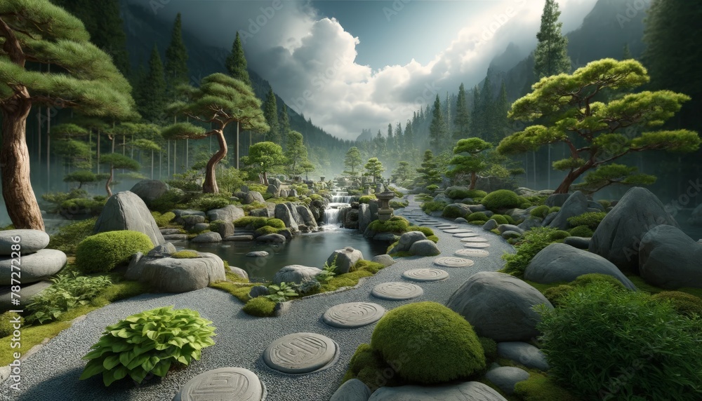 Tranquil Zen garden with carefully placed rocks, flowing water, and lush greenery, creating a peaceful and harmonious atmosphere.