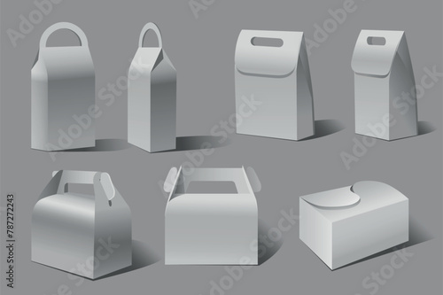 A collection of cardboard boxes mockups in realistic 3d design. Black and white image with boxes of different shapes, for sweets, cosmetics, gifts on a gray background. Vector illustration.