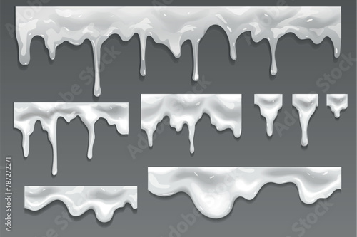 A collection of dripping cream mockups in realistic 3d design. Black and white image with streams of cream, milk or other light liquid on a gray background. Vector illustration.
