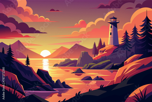 Sunset Lighthouse Landscape cartoon vector Illustration flat style artwork concept