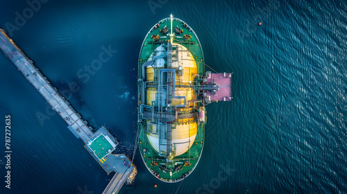 Aerial drone ultra wide panoramic photo with copy space of LNG Liquified Natural Gas tanker anchored in small gas terminal island with tanks for storage : Generative AI photo